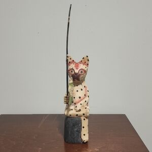 Handcrafted Polka Dot Cat Fishing  Folk Art.